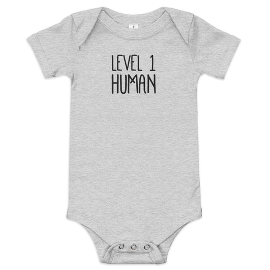 Level 1 Human Embroidered Baby short sleeve one piece  Level 1 Gamers Athletic Heather 3-6m