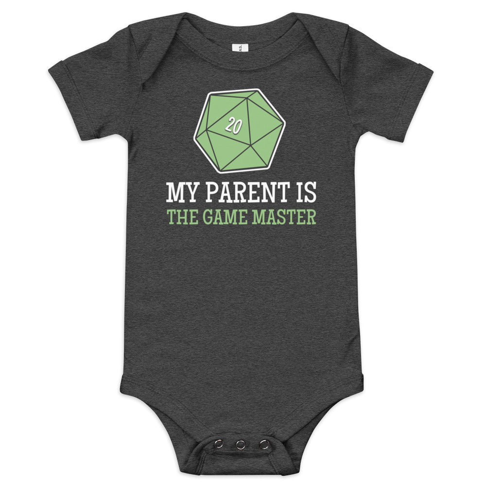 My Parent is the Game Master Baby short sleeve one piece Level 1 Gamers Dark Grey Heather 3-6m