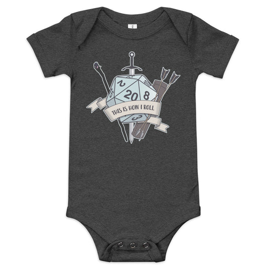 How I Roll Baby short sleeve one piece  Level 1 Gamers Dark Grey Heather 3-6m