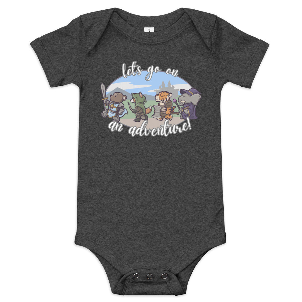 Let's Go on an Adventure Baby short sleeve one piece Level 1 Gamers Dark Grey Heather 3-6m