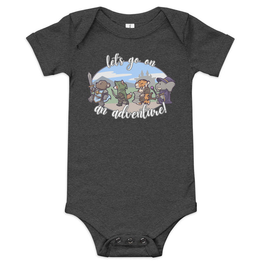 Let's Go on an Adventure Baby short sleeve one piece  Level 1 Gamers Dark Grey Heather 3-6m 