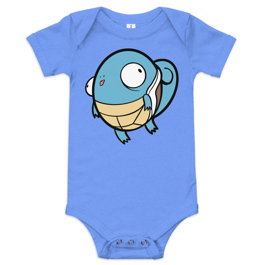 Squirtle Pokederp Baby Short Sleeve One Piece  Level 1 Gamers Heather Columbia Blue 3-6m
