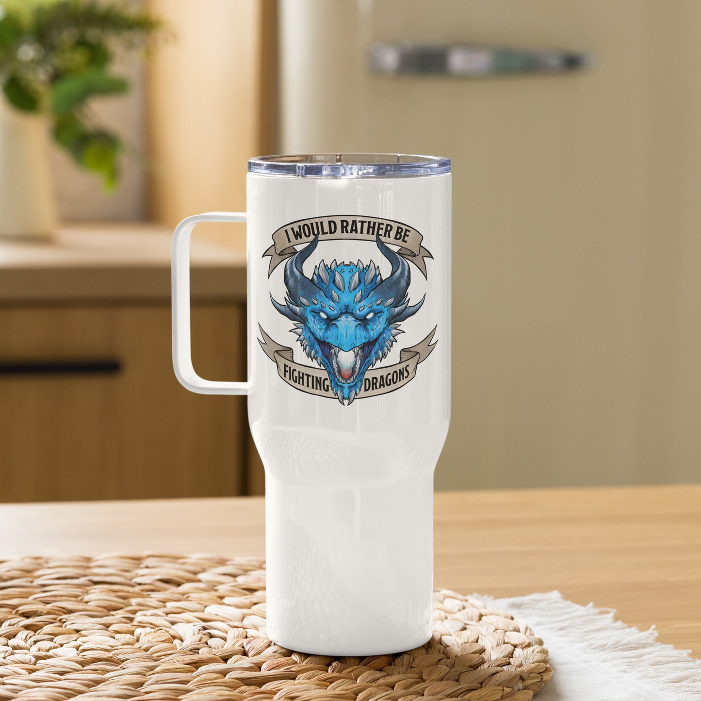 I'd Rather Be Fighting Dragons Travel Mug With A handle  Level 1 Gamers   