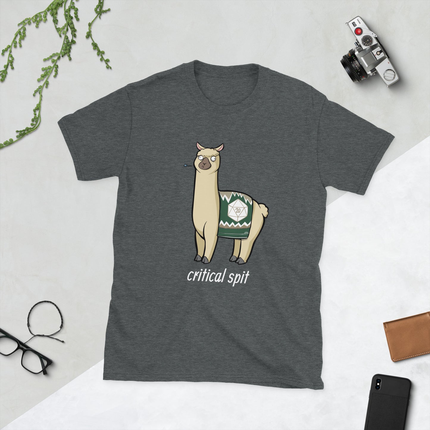 D20 Llama (Critical Spit) Short-Sleeve Unisex T-Shirt Level 1 Gamers Dark Heather S