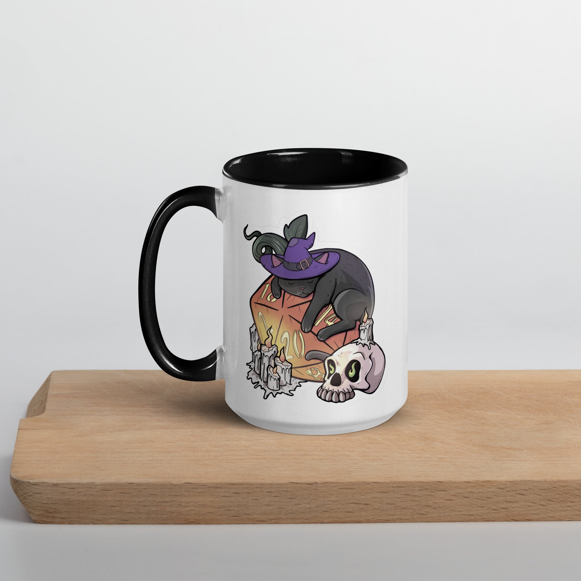 D20 Black Cat Mug with Color Inside  Level 1 Gamers Black 15 oz