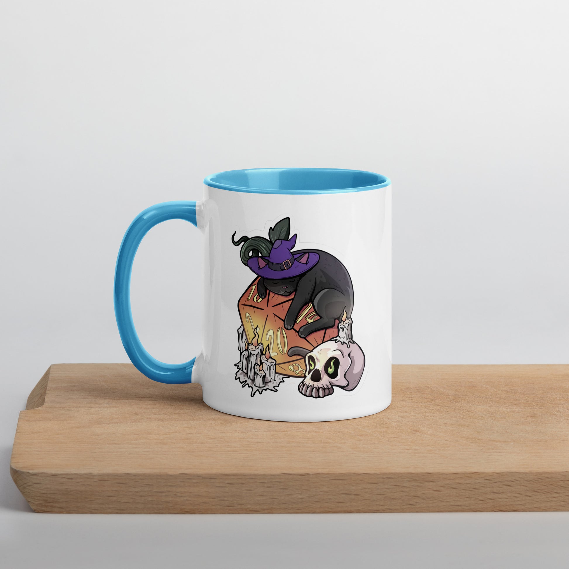 D20 Black Cat Mug with Color Inside  Level 1 Gamers Blue 11 oz
