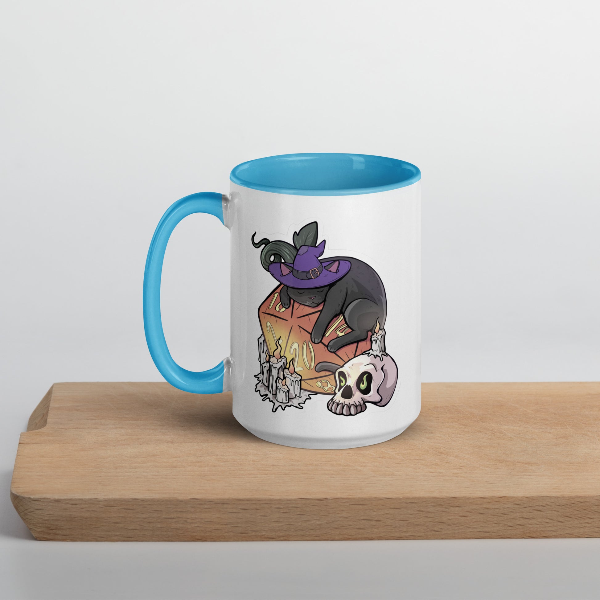 D20 Black Cat Mug with Color Inside  Level 1 Gamers Blue 15 oz