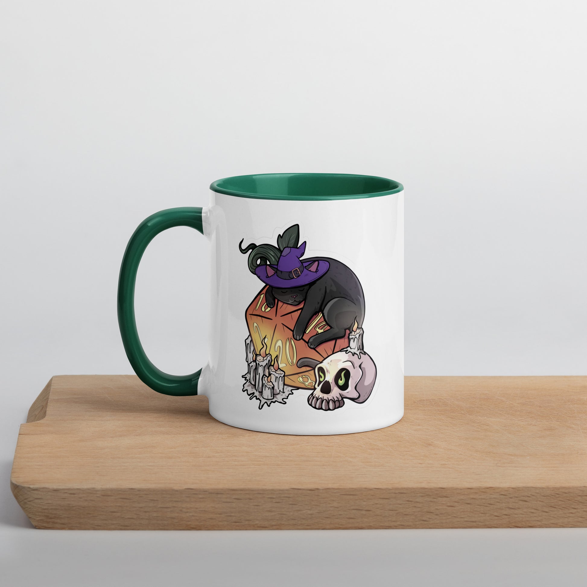D20 Black Cat Mug with Color Inside  Level 1 Gamers Dark green 11 oz