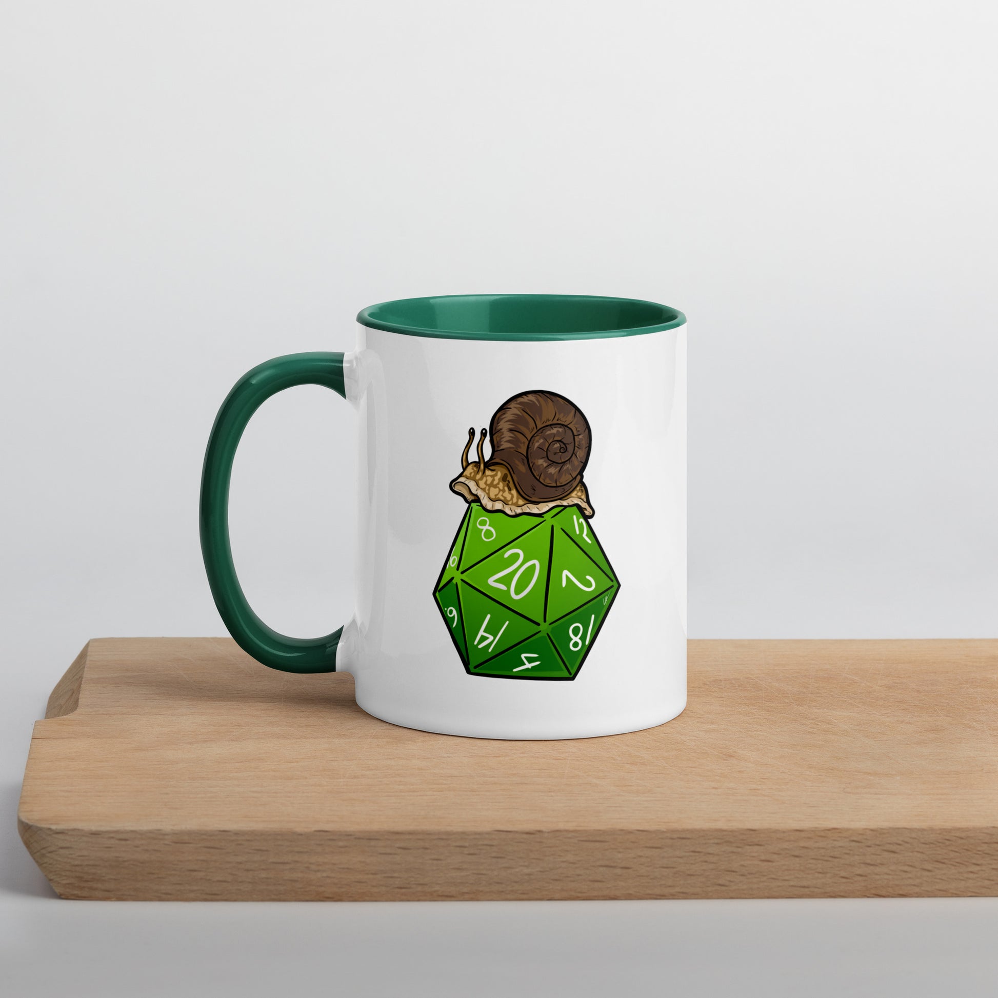 D20 Snail Mug with Color Inside  Level 1 Gamers Dark green 11 oz