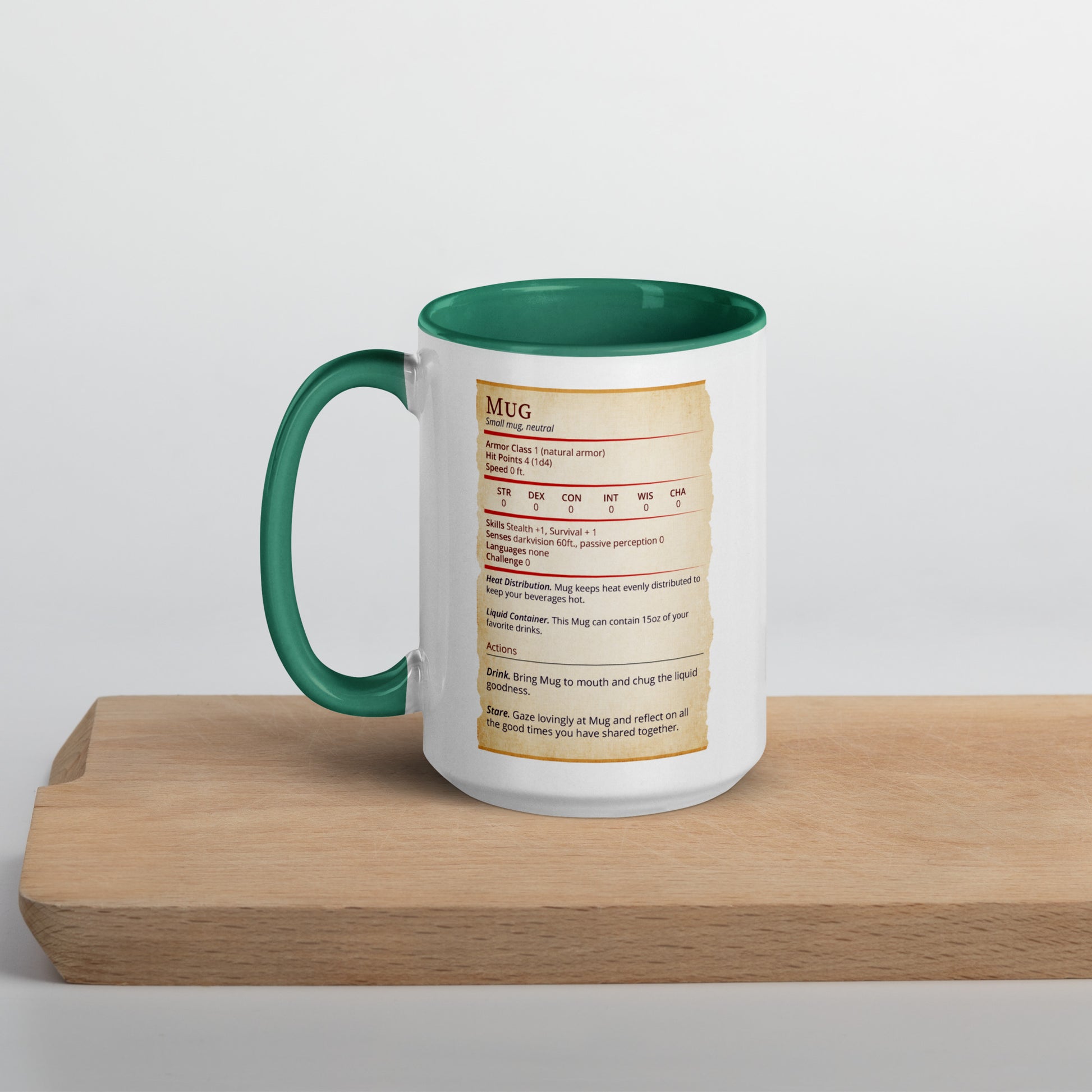 Mug Stat Card with Color Inside  Level 1 Gamers Dark green 15 oz