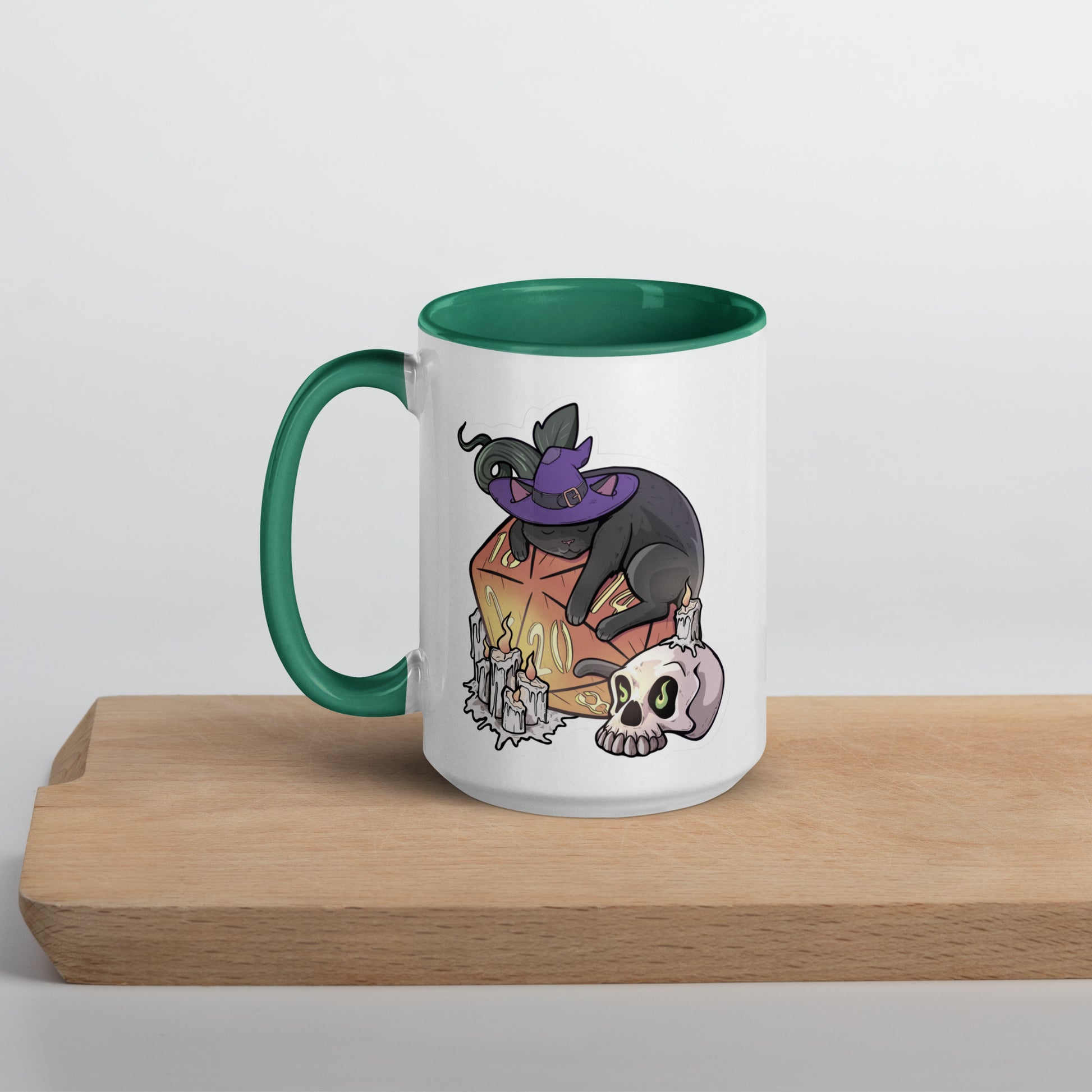 D20 Black Cat Mug with Color Inside  Level 1 Gamers Dark green 15 oz