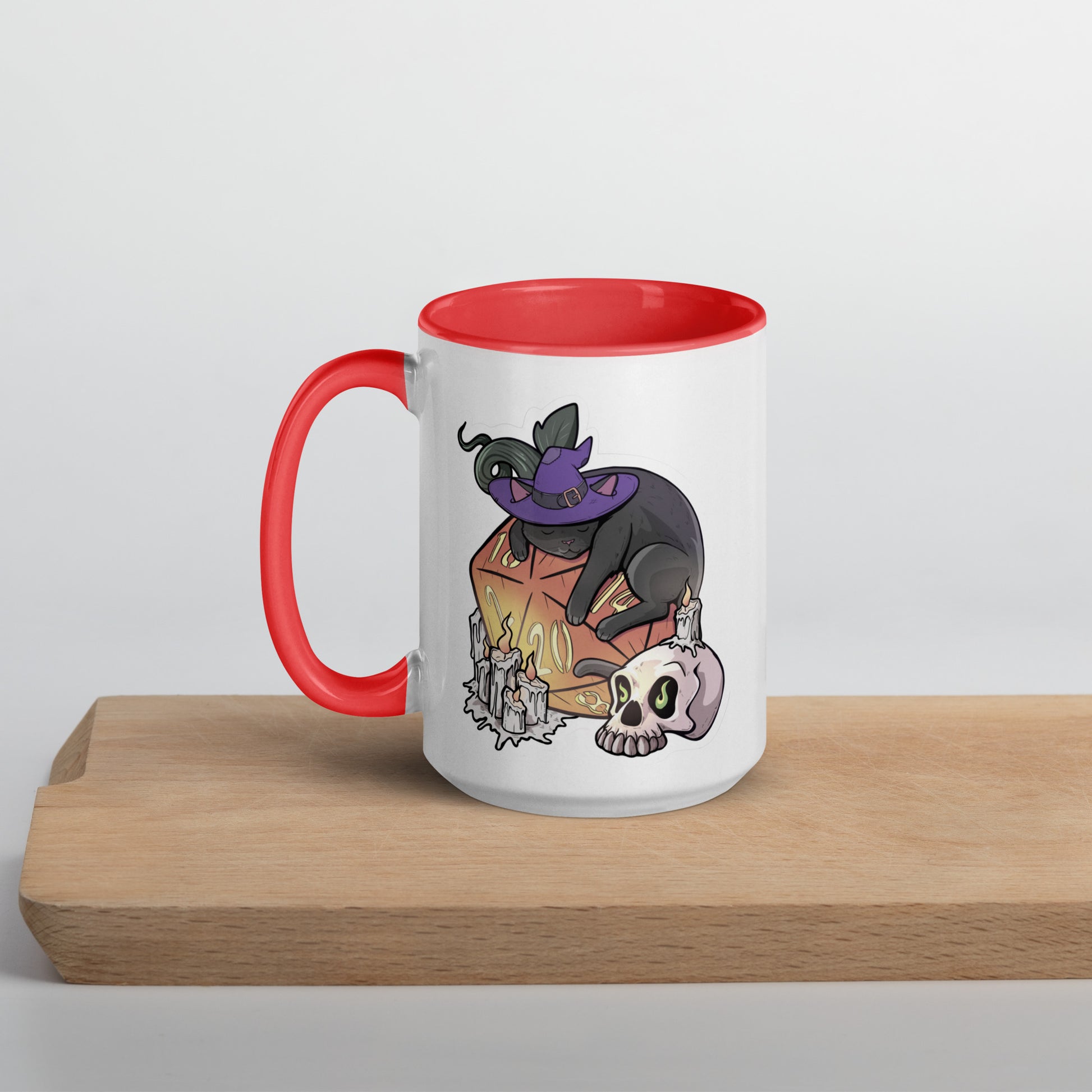 D20 Black Cat Mug with Color Inside  Level 1 Gamers Red 15 oz