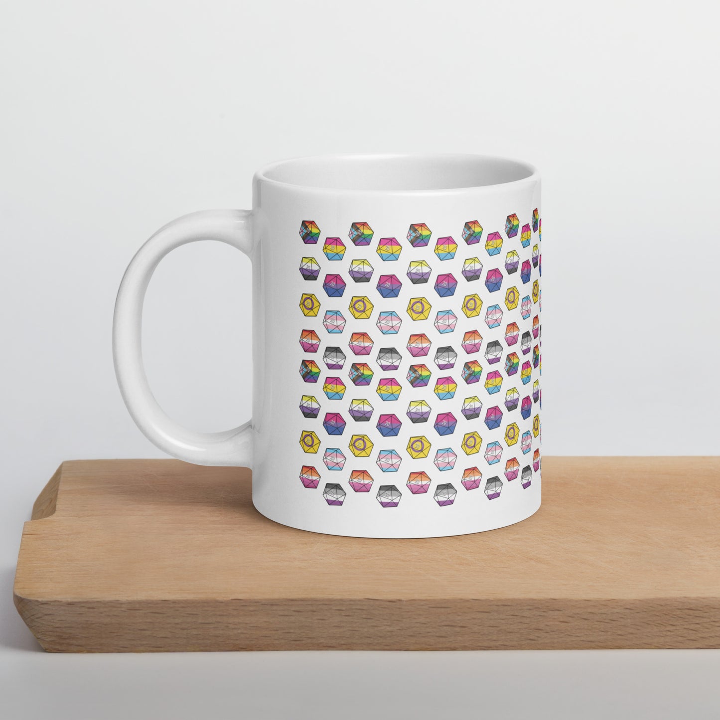 Pride Flag D20's White glossy mug Level 1 Gamers 20oz