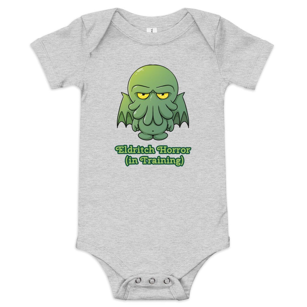 Little Cthulu Eldritch Horro in Training Baby short sleeve one piece Level 1 Gamers Athletic Heather 3-6m