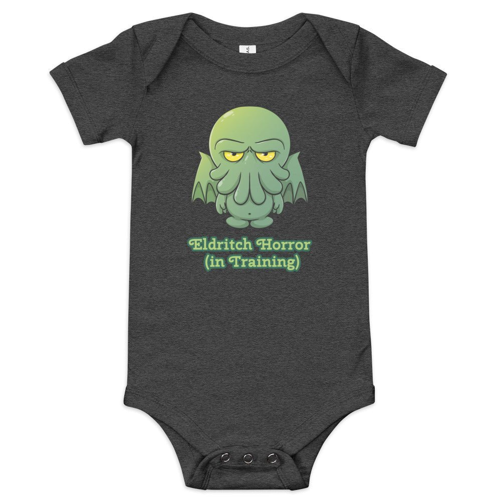 Little Cthulu Eldritch Horro in Training Baby short sleeve one piece Level 1 Gamers Dark Grey Heather 3-6m