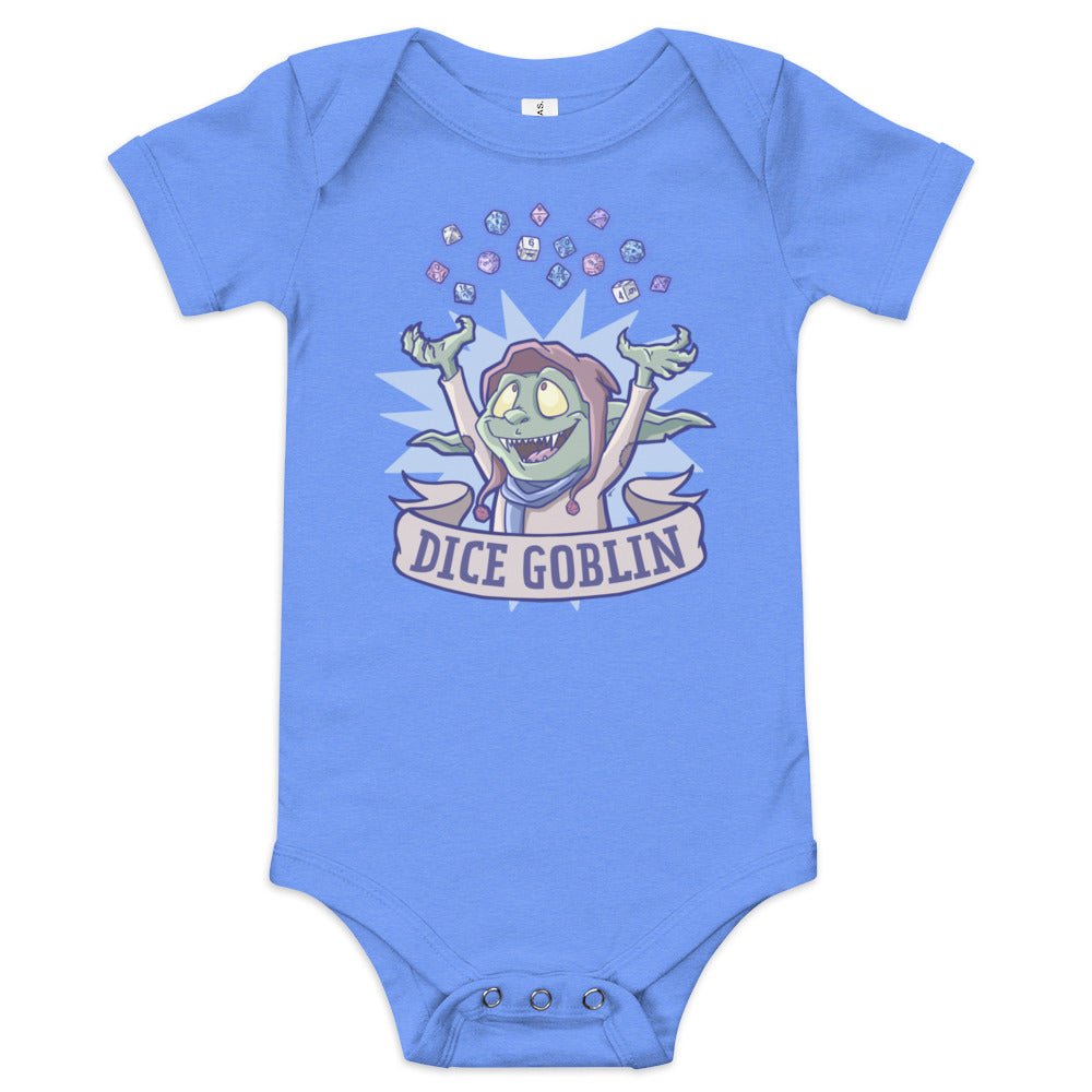Dice Goblin Baby short sleeve one piece Level 1 Gamers Heather Columbia Blue 3-6m
