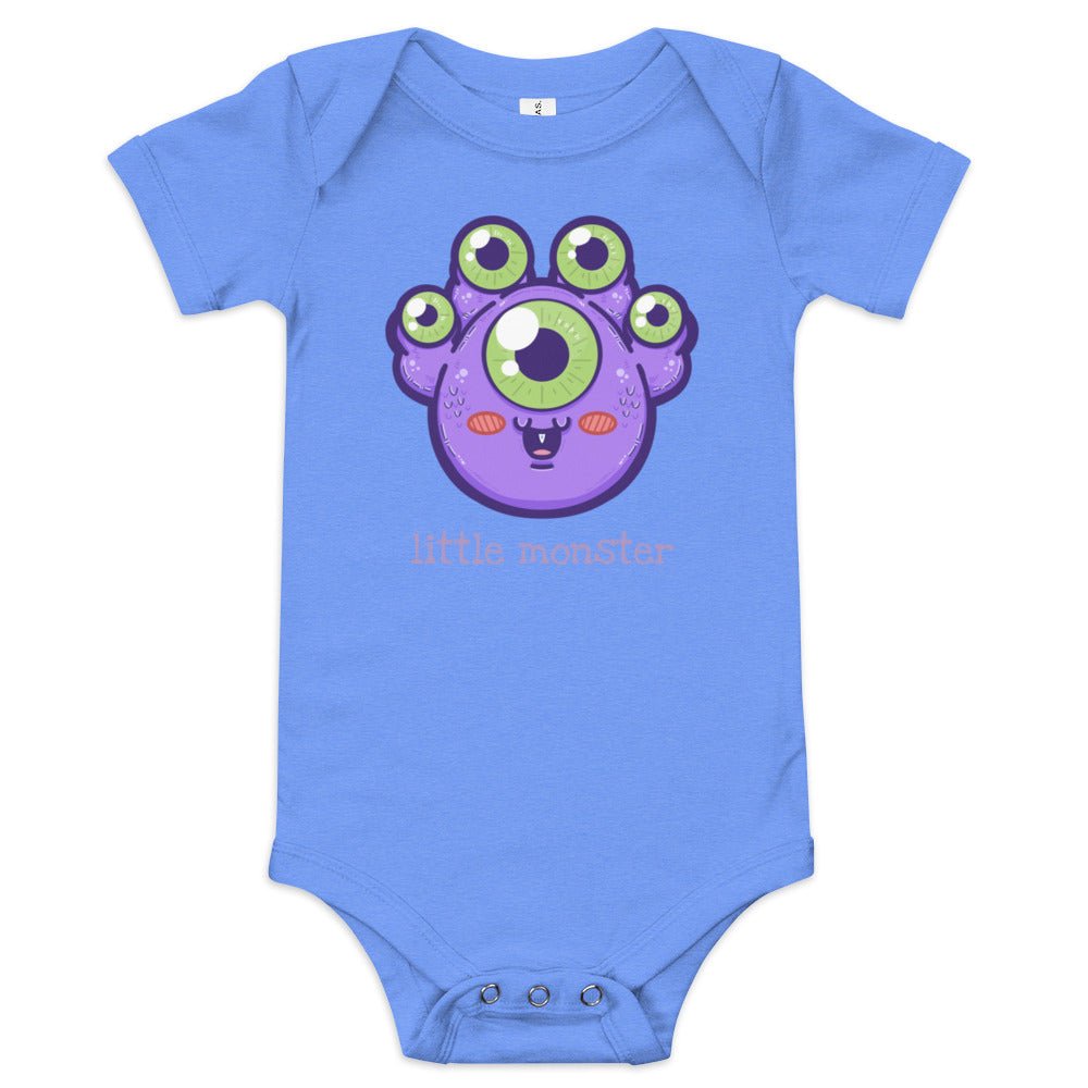 Little Monster Baby short sleeve one piece Level 1 Gamers Heather Columbia Blue 3-6m