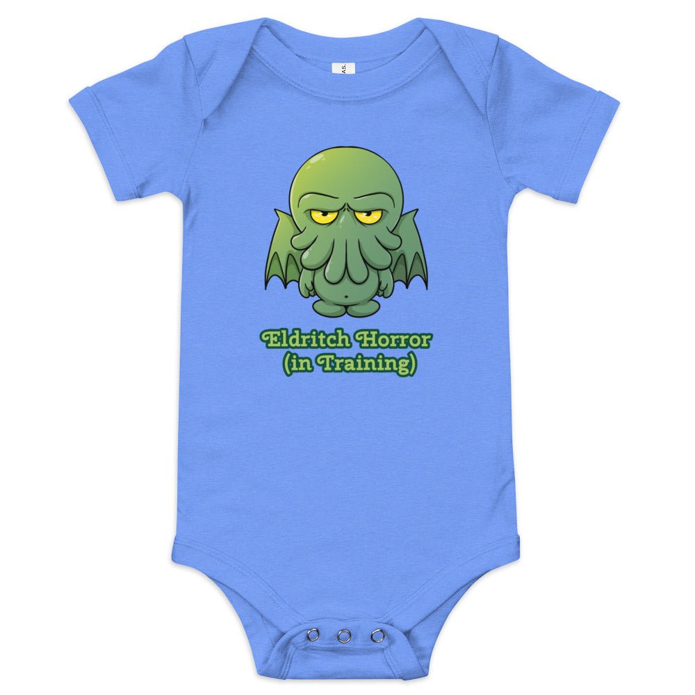 Little Cthulu Eldritch Horro in Training Baby short sleeve one piece Level 1 Gamers Heather Columbia Blue 3-6m