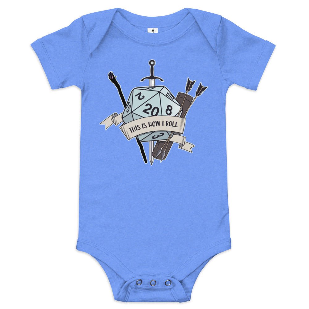 How I Roll Baby short sleeve one piece Level 1 Gamers Heather Columbia Blue 3-6m
