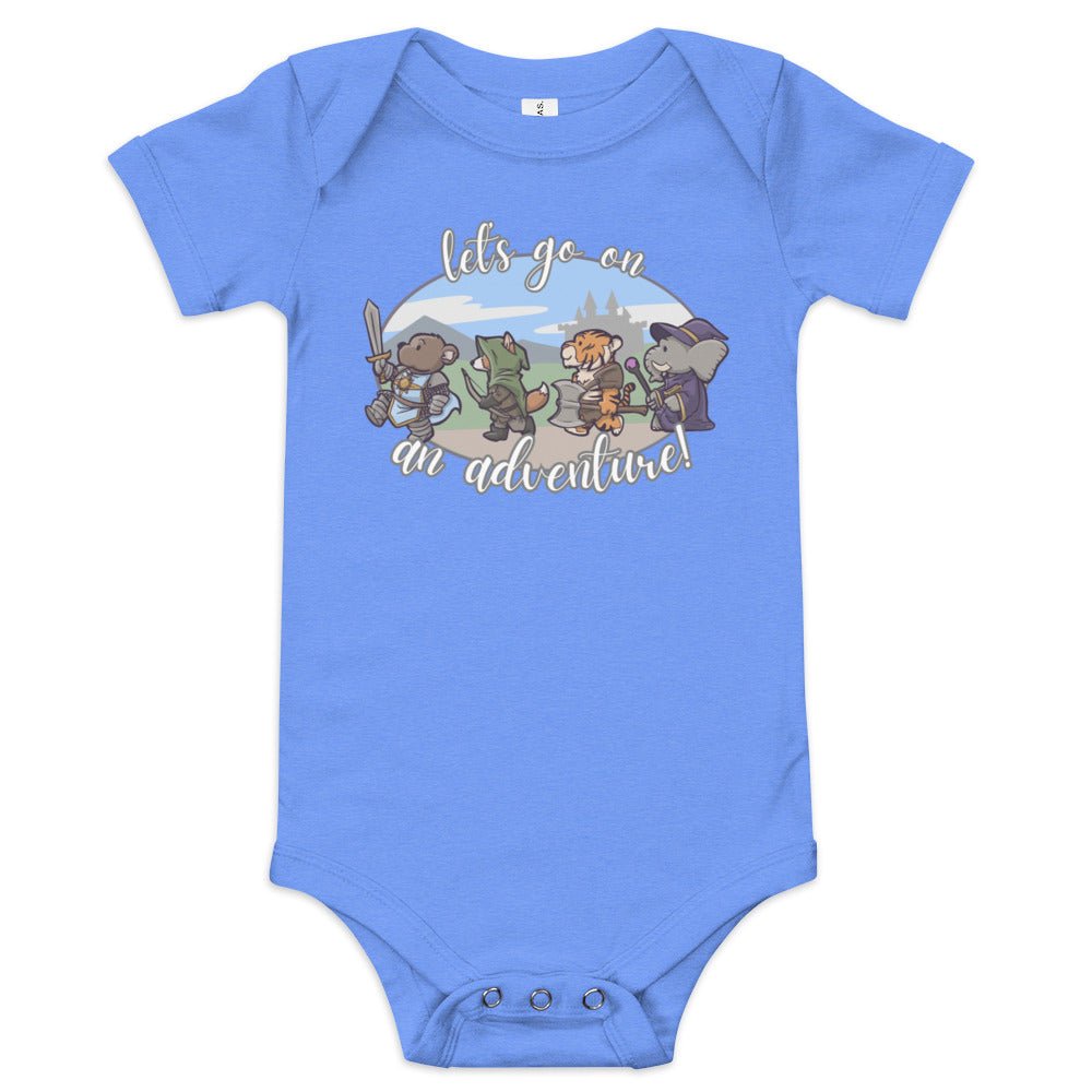 Let's Go on an Adventure Baby short sleeve one piece  Level 1 Gamers Heather Columbia Blue 3-6m