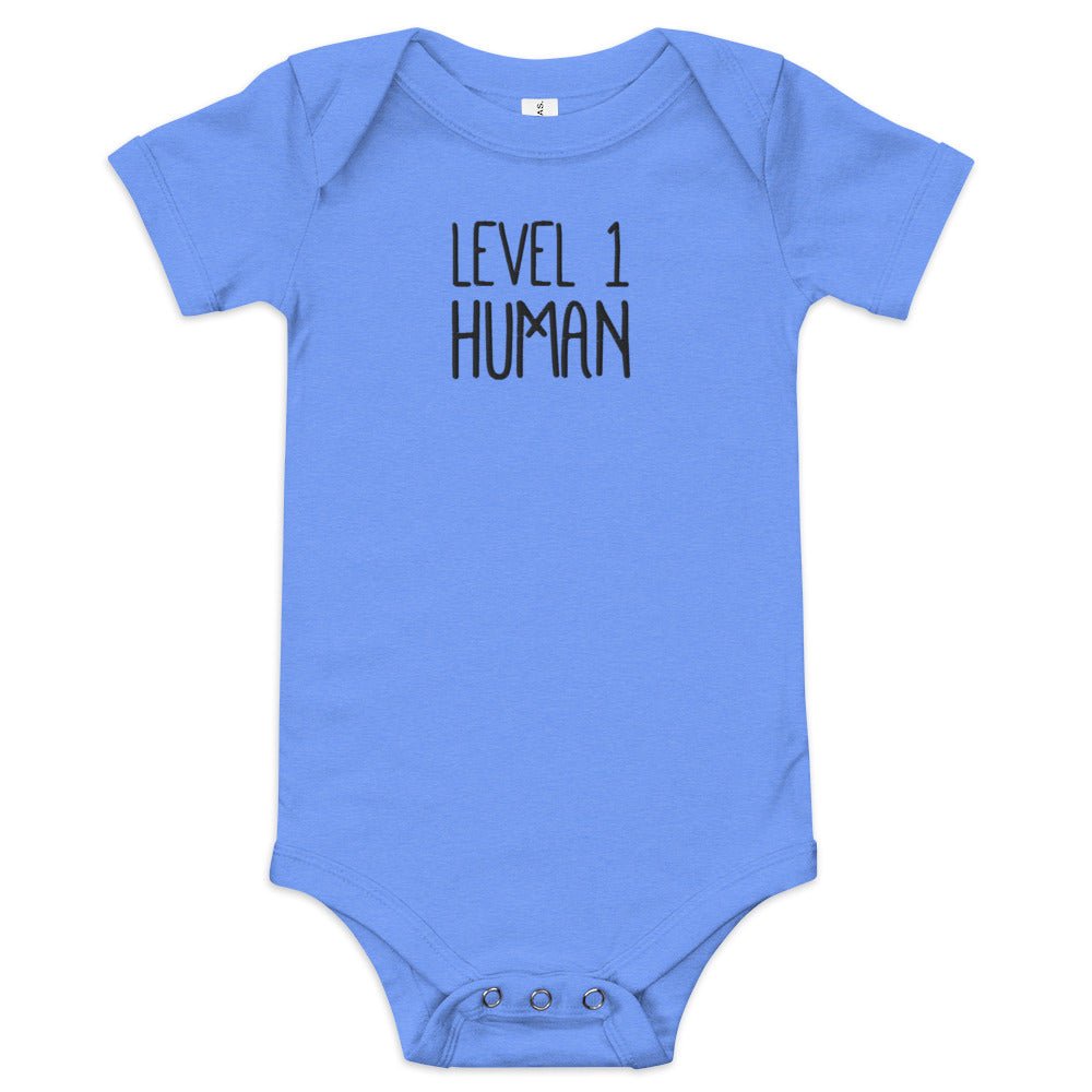 Level 1 Human Embroidered Baby short sleeve one piece  Level 1 Gamers Heather Columbia Blue 3-6m