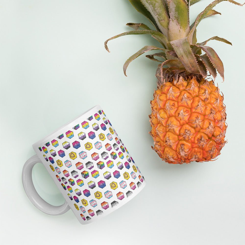 Pride Flag D20's White glossy mug Level 1 Gamers