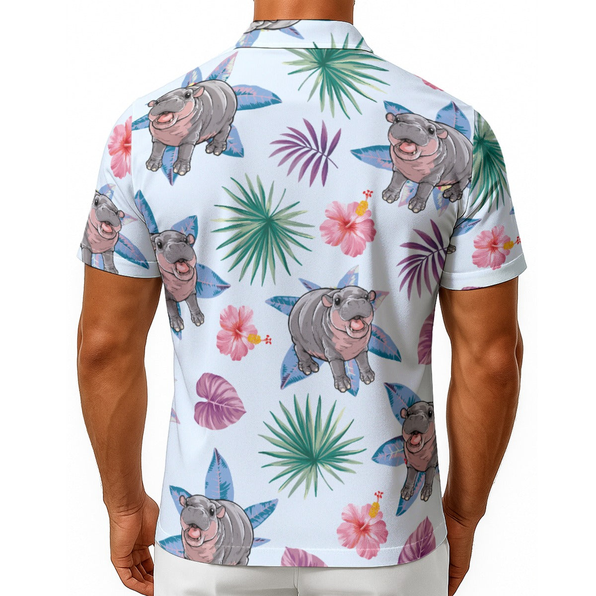 Pygmy Hippo Flower Print Men's Hawaiian button up Shirt Yoycol