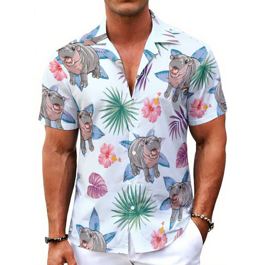 Pygmy Hippo Flower Print Men's Hawaiian button up Shirt Yoycol