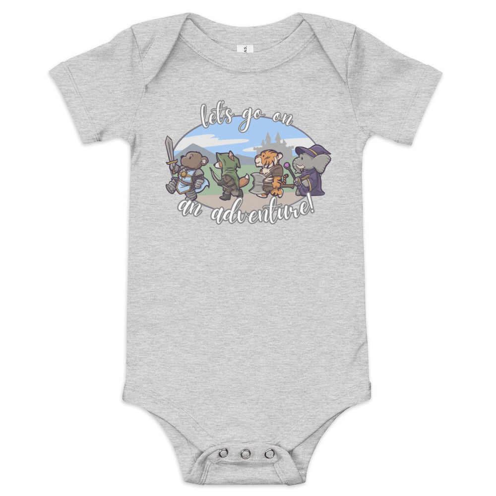 Let's Go on an Adventure Baby short sleeve one piece  Level 1 Gamers Athletic Heather 3-6m 