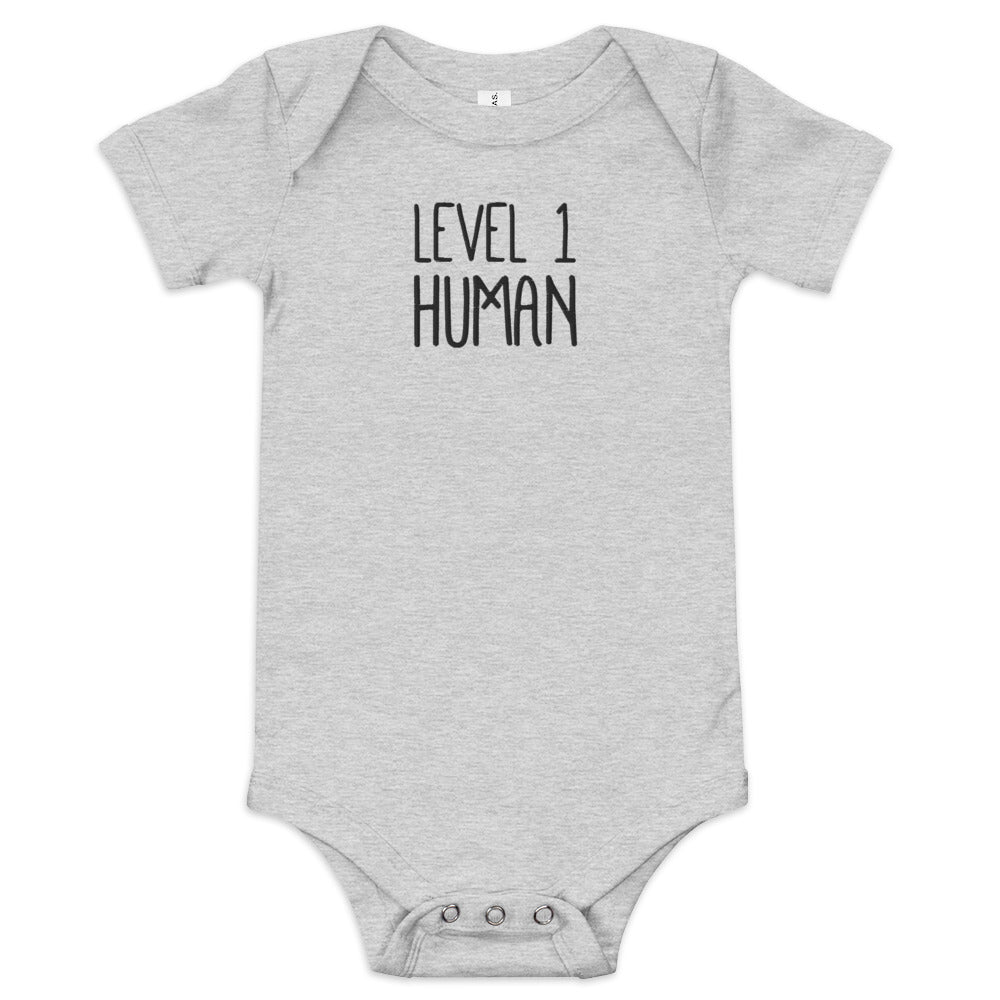 Level 1 Human Embroidered Baby short sleeve one piece  Level 1 Gamers Athletic Heather 3-6m 