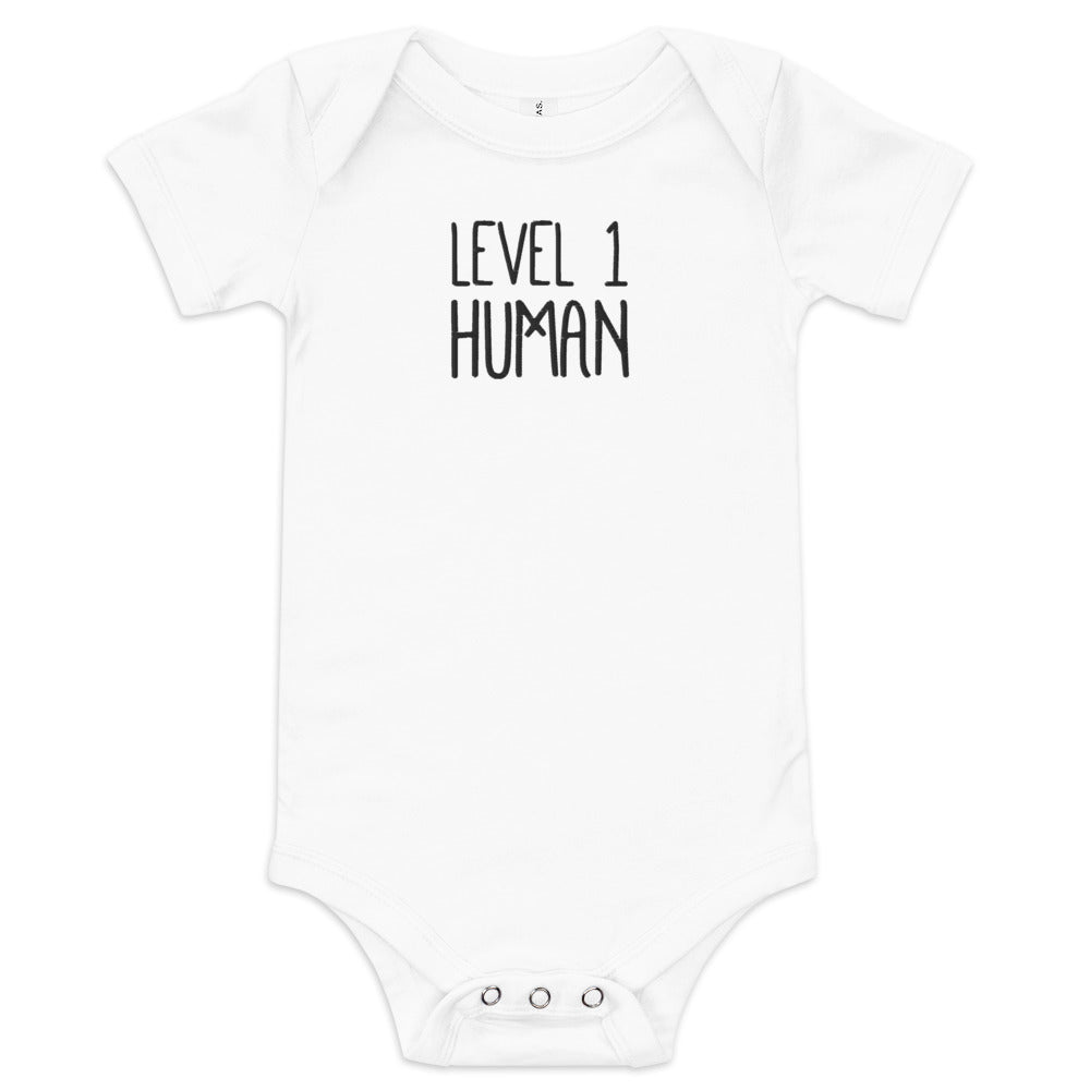 Level 1 Human Embroidered Baby short sleeve one piece  Level 1 Gamers White 3-6m 
