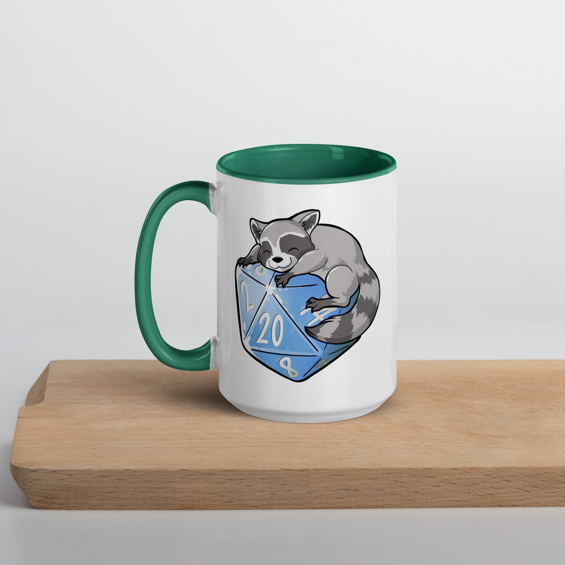D20 Racoon Mug with Color Inside  Level 1 Gamers Dark green 15 oz 