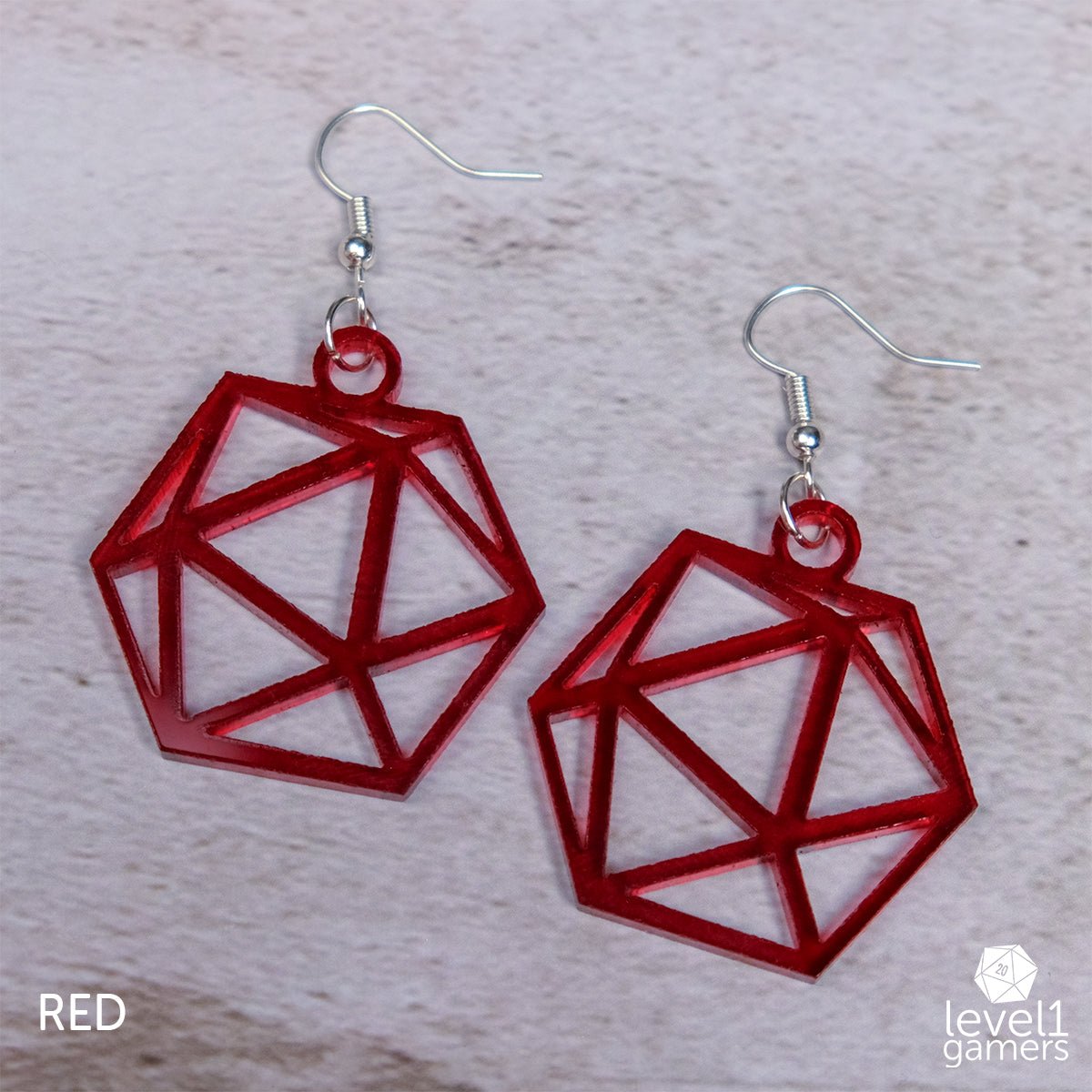 D20 Acrylic Earrings  Level 1 Gamers Pendant Red 