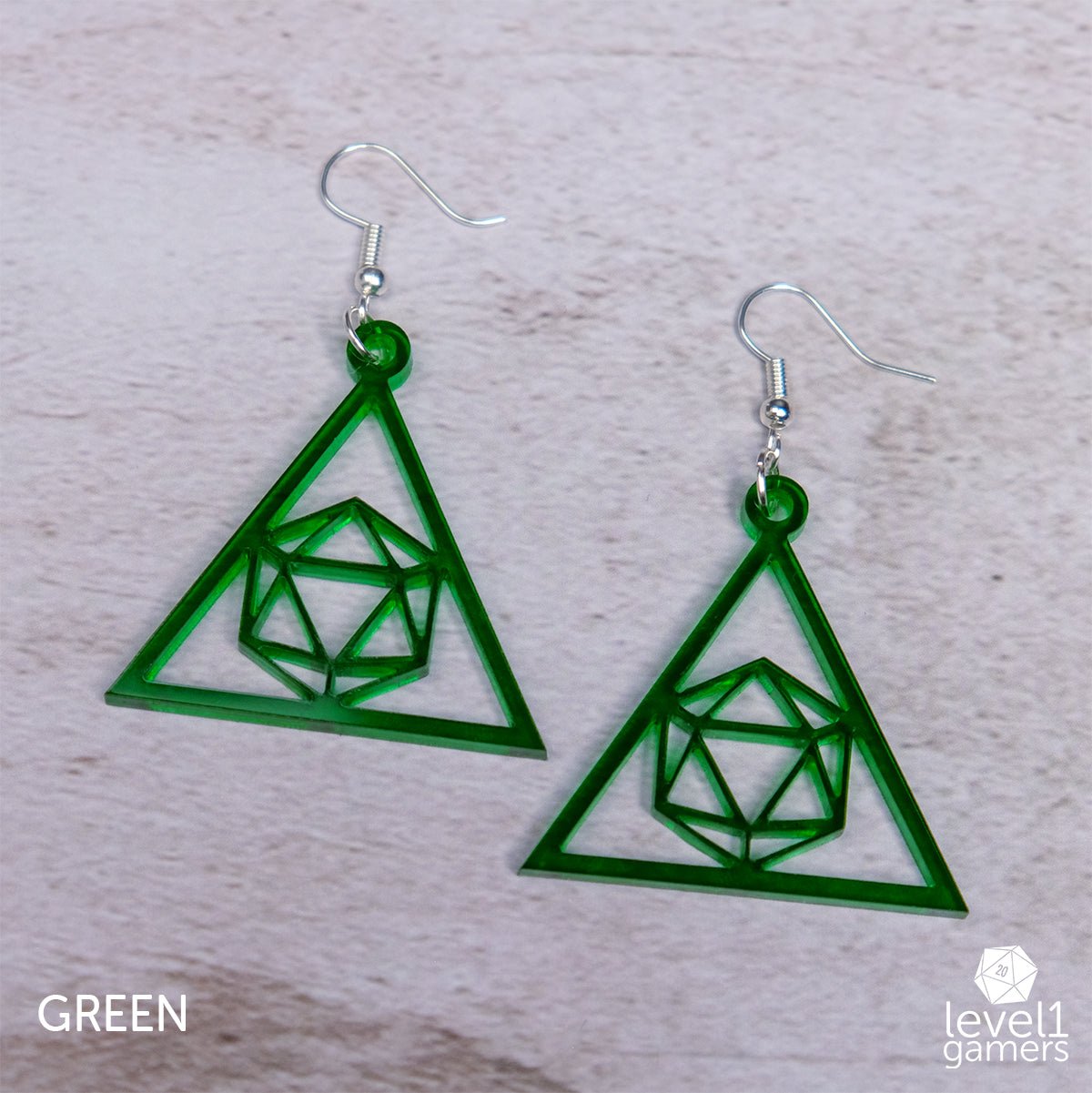 D20 Triangle Acrylic Earrings  Level 1 Gamers Pendant Green 