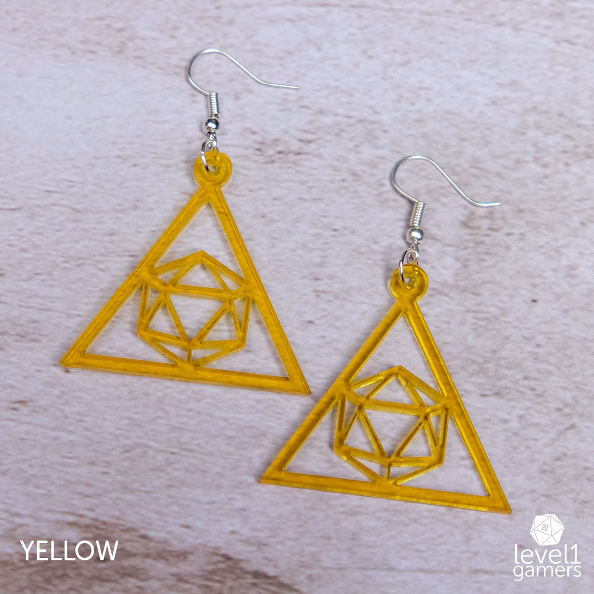 D20 Triangle Acrylic Earrings  Level 1 Gamers Pendant Yellow 