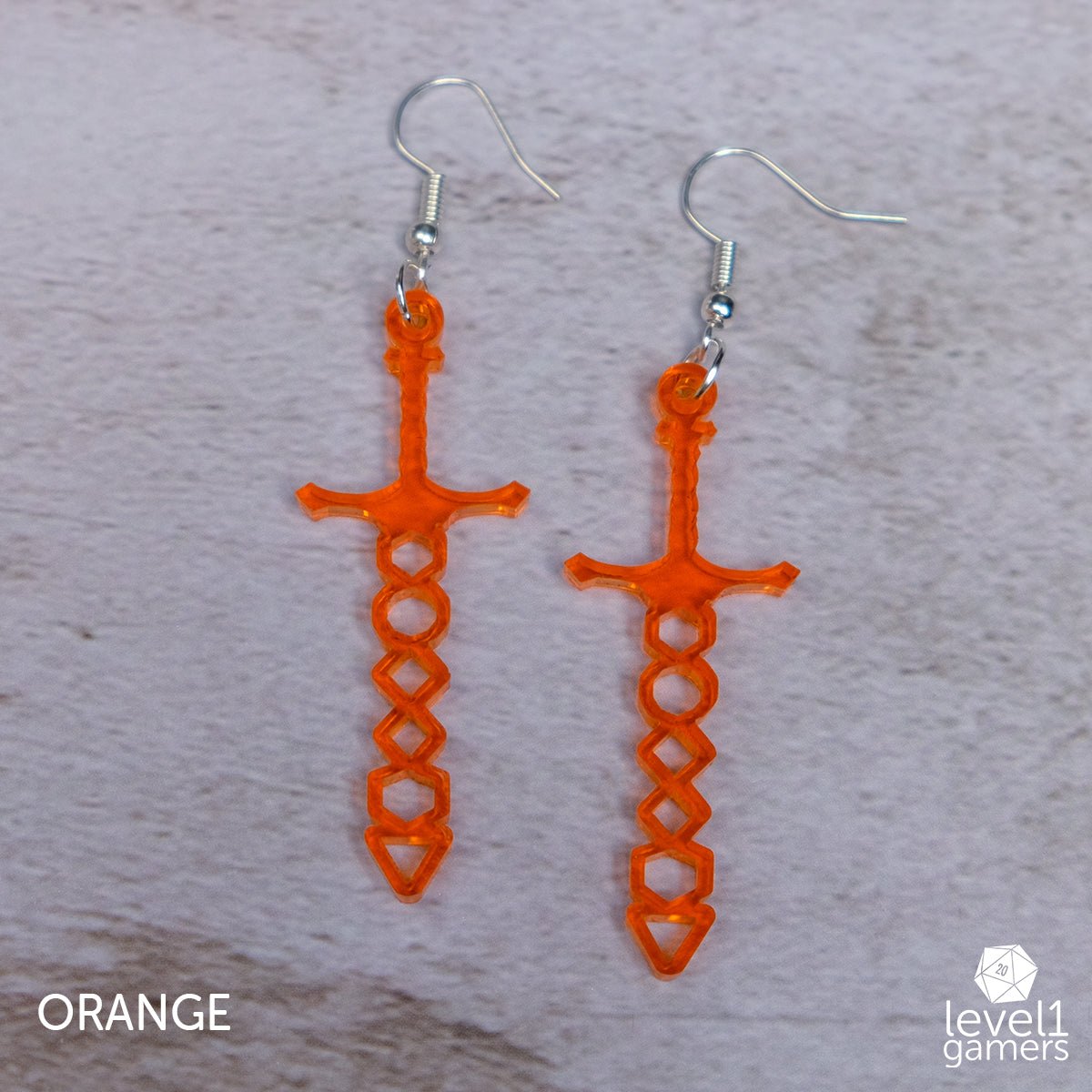 Dice Sword Acrylic Earrings  Level 1 Gamers Pendant Orange 