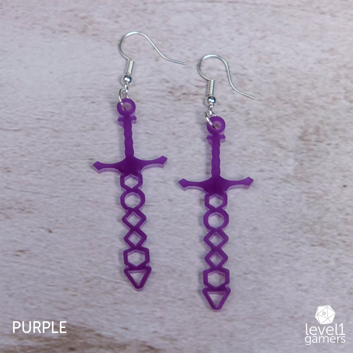 Dice Sword Acrylic Earrings  Level 1 Gamers Pendant Purple 