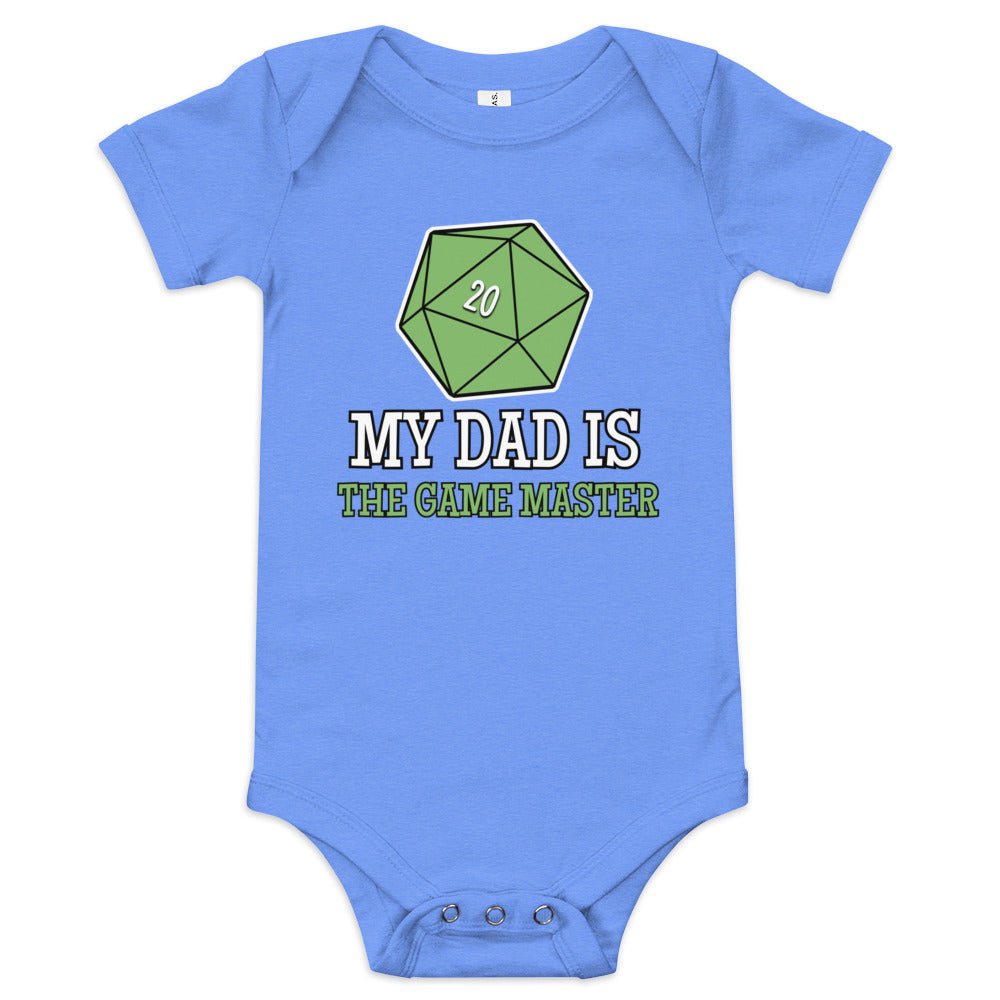 My Dad is the Game Master Baby short sleeve one piece  Level 1 Gamers Heather Columbia Blue 3-6m 