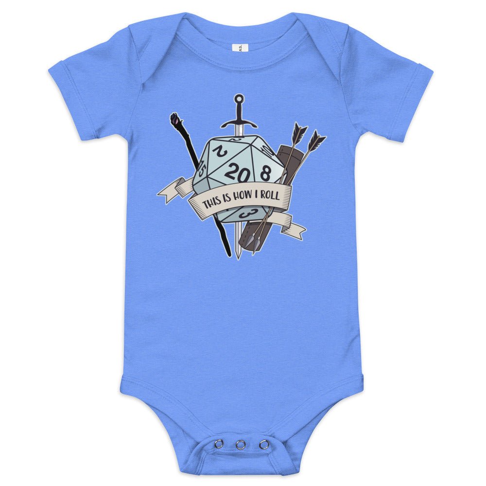 How I Roll Baby short sleeve one piece  Level 1 Gamers Heather Columbia Blue 3-6m 