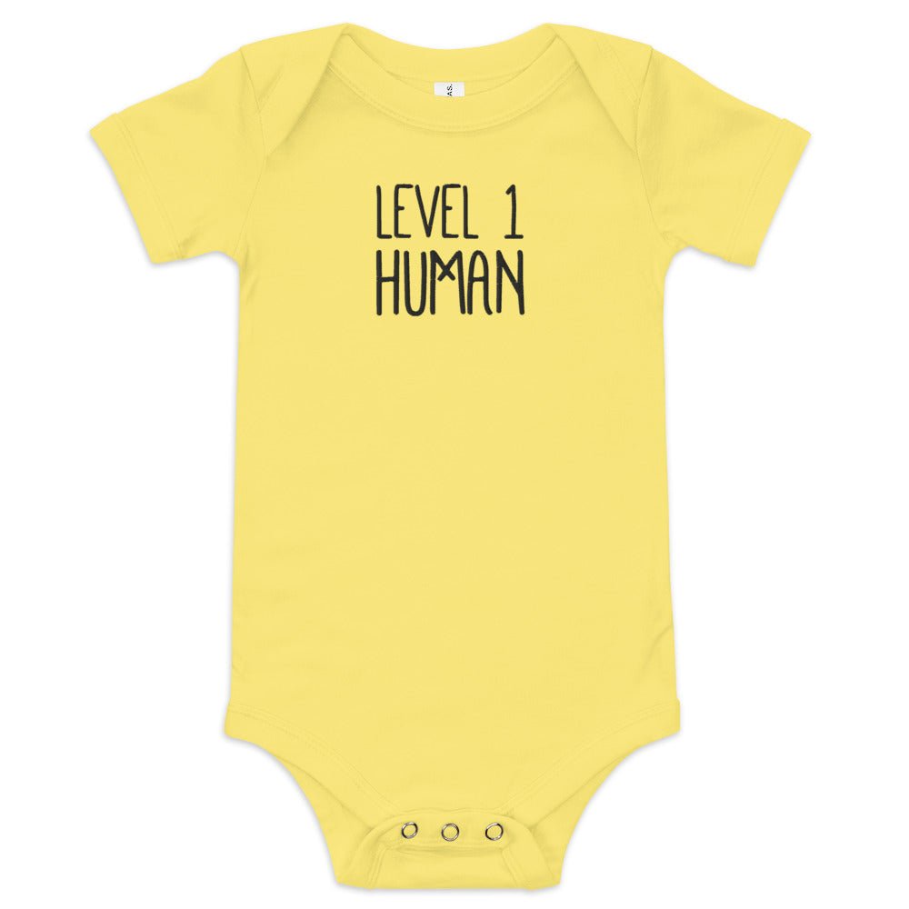 Level 1 Human Embroidered Baby short sleeve one piece  Level 1 Gamers Yellow 3-6m 