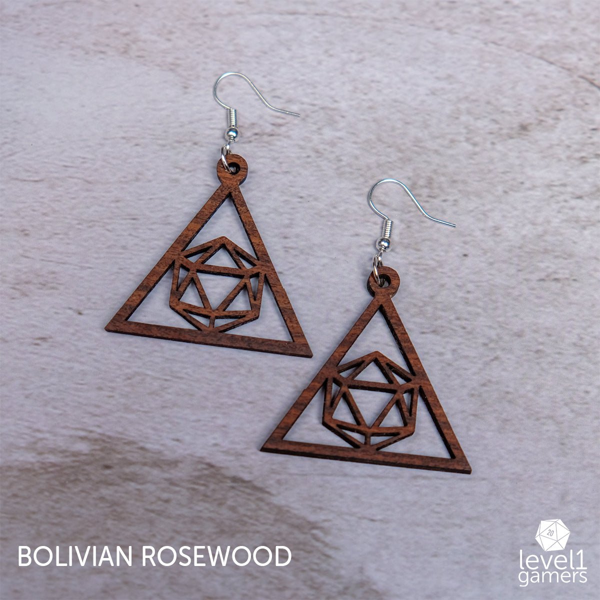 D20 Triangle Earrings  Level 1 Gamers Pendant Bolivian Rosewood 
