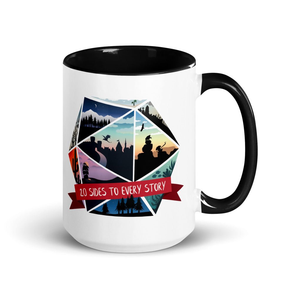 20 Sides to Every Story Mug with Color Inside  Level 1 Gamers Black 15oz 