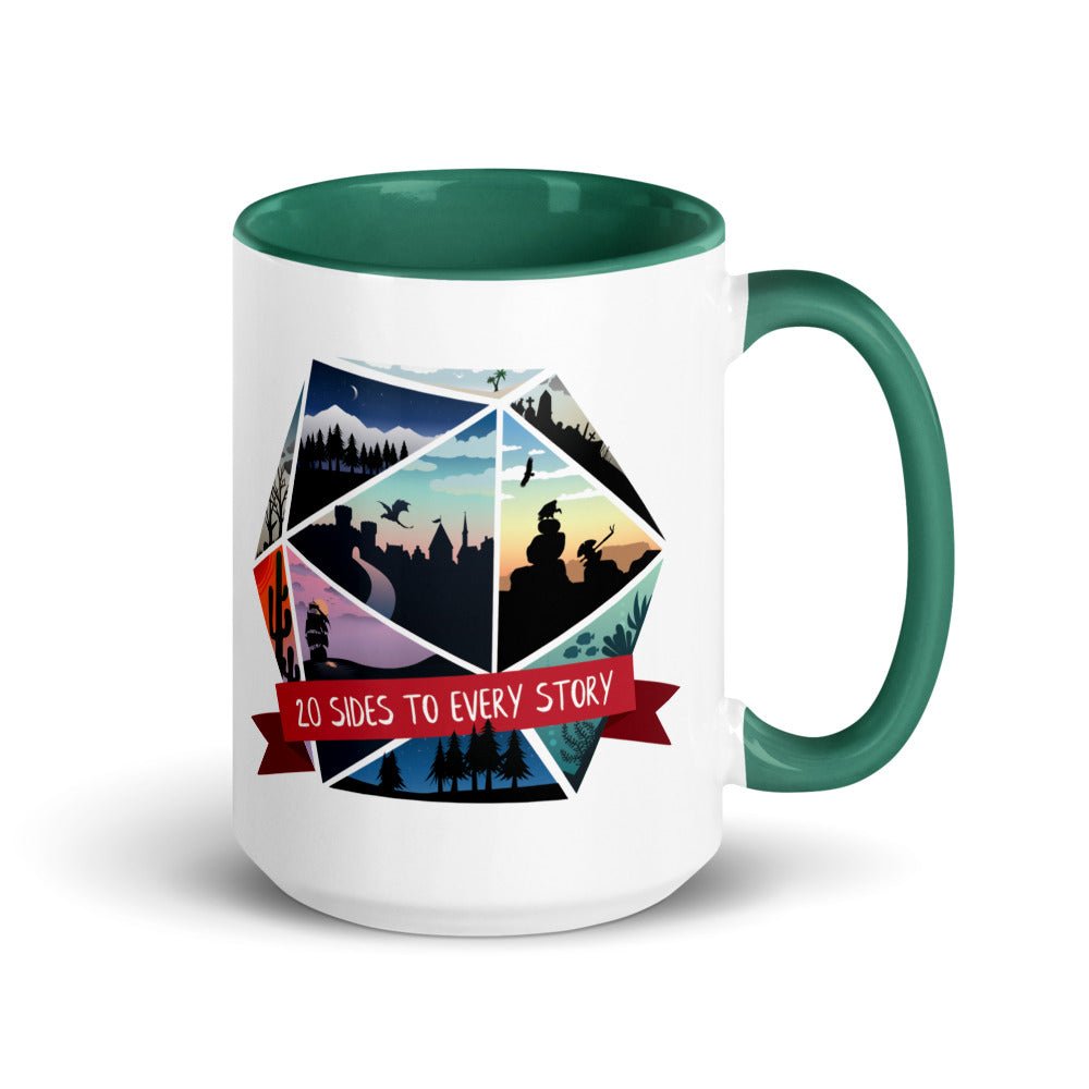20 Sides to Every Story Mug with Color Inside  Level 1 Gamers Dark Green 15oz 