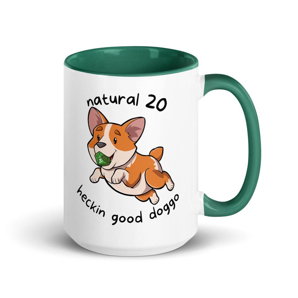 Nat 20 Corgi Heckin Good Doggo Mug with Color Inside  Level 1 Gamers Dark Green 15oz 